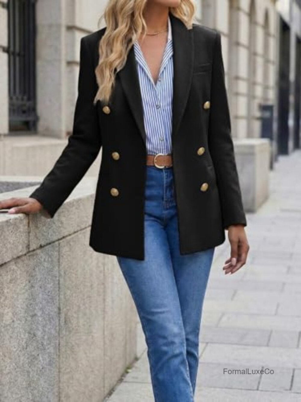 Double Breasted Blazer - Open Front Full Lined Loose Work Office Jacket - Picture 3 of 6
